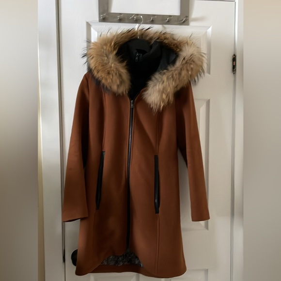 Soia and Kyo cognac brown rust tan wool coat with fur trim hood - Picture 1 of 8